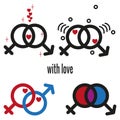 Male and female sex icons. Valentine`s day elements with heart symbols.